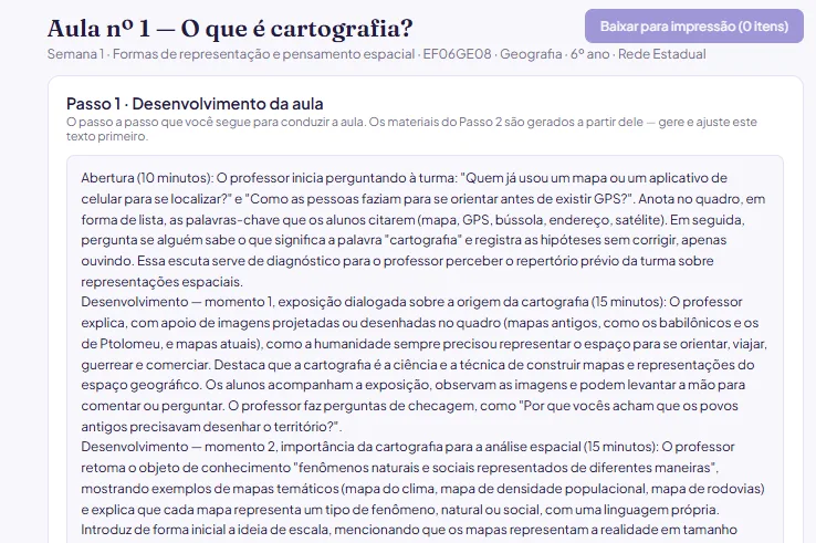 Aula completa, Passo 1: o Desenvolvimento da aula gerado pela IA, editável na tela.