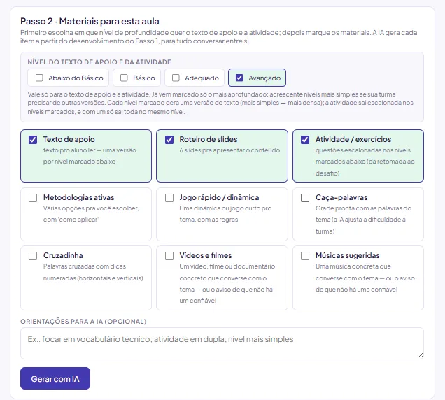 Aula completa, Passo 2: as caixas de nível Saeb no topo e o menu de materiais para marcar.