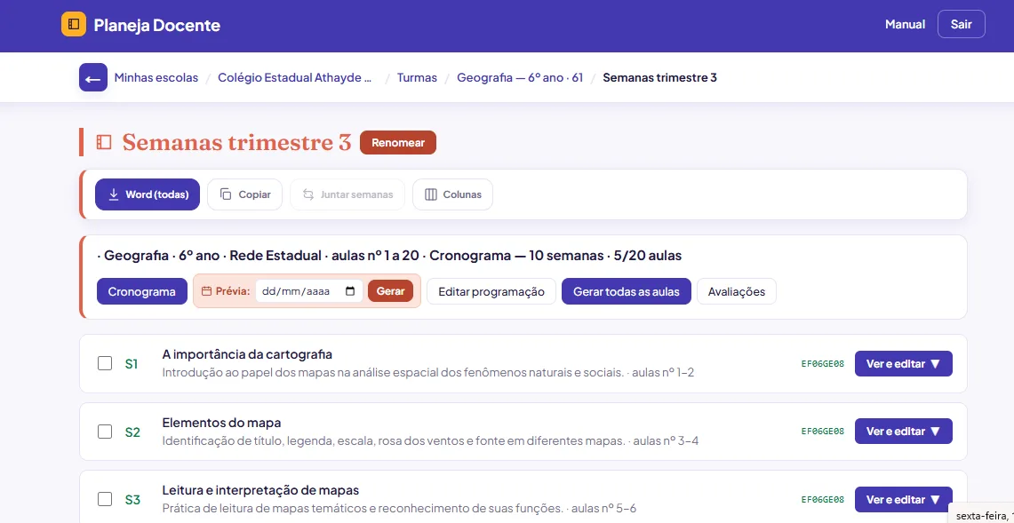 Cronograma de um plano avulso, com a barra de exportação (Word, Colunas, Juntar semanas) e o botão Editar programação.