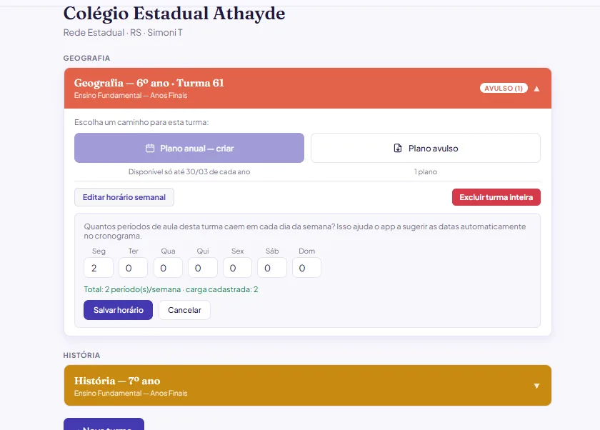 Turma aberta: escolha entre Plano anual e Plano avulso, e preencha o horário semanal.